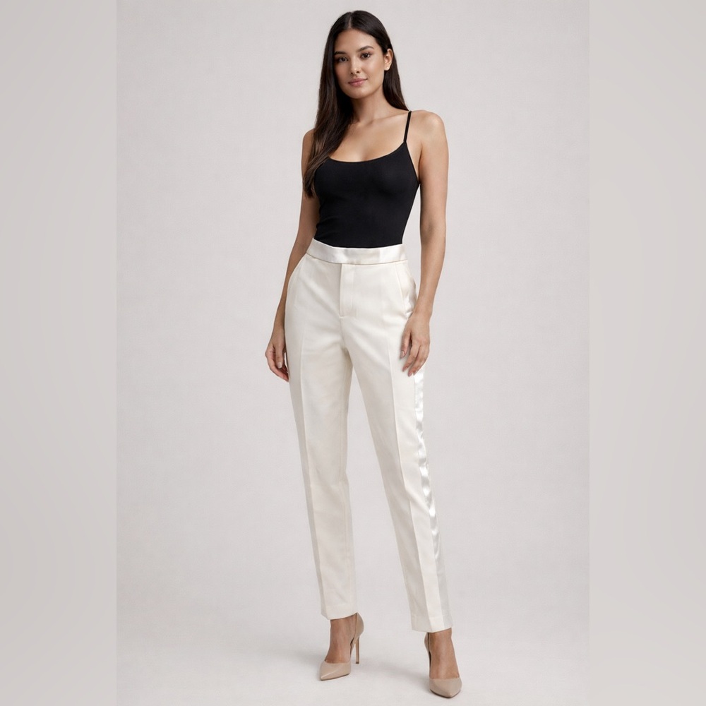 Elegant Ivory Satin Trim-Tailored Pants Mid-Waist Dress Trousers